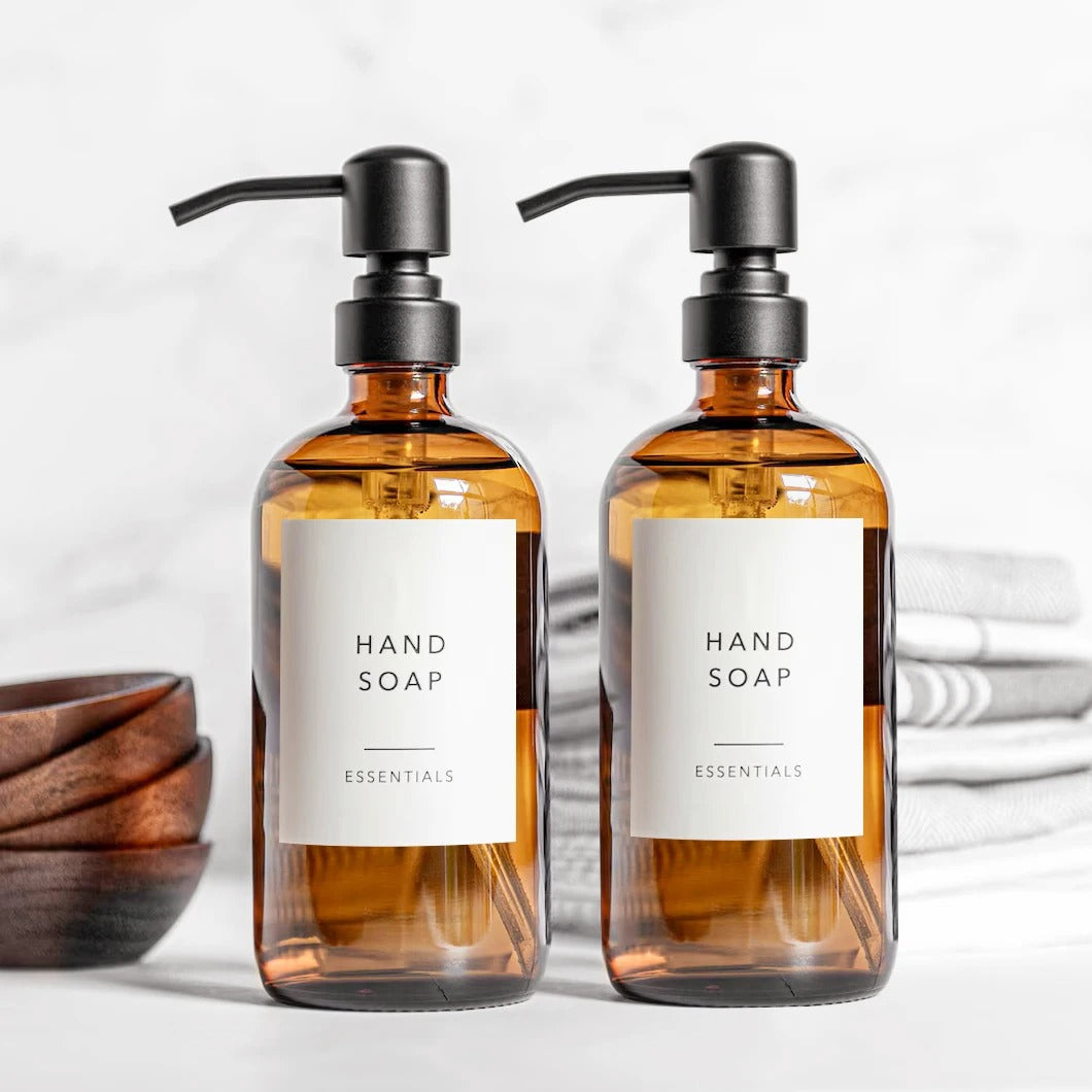 Amber Glass Soap Dispenser Set (2 × 500 ml) – Black/Silver Pump