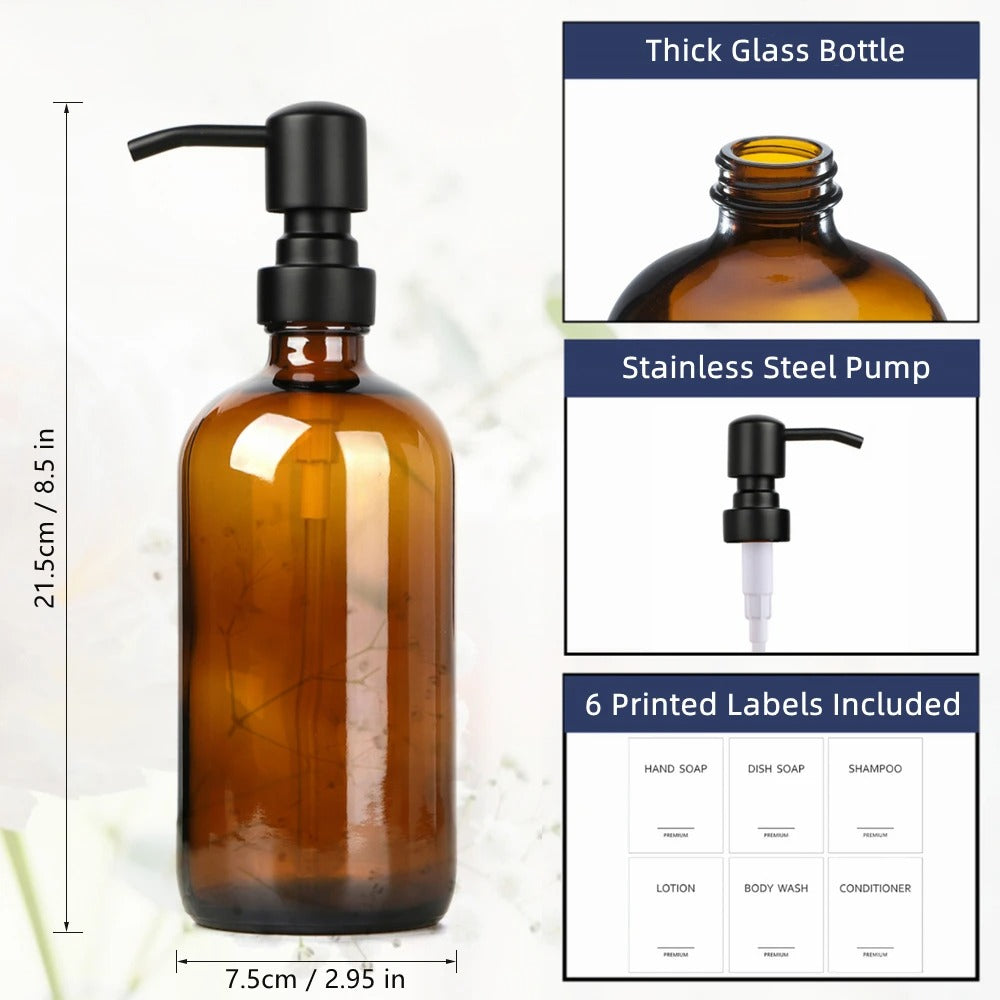 Amber Glass Soap Dispenser Set (2 × 500 ml) – Black/Silver Pump