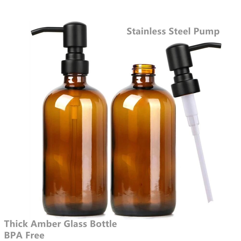 Amber Glass Soap Dispenser Set (2 × 500 ml) – Black/Silver Pump