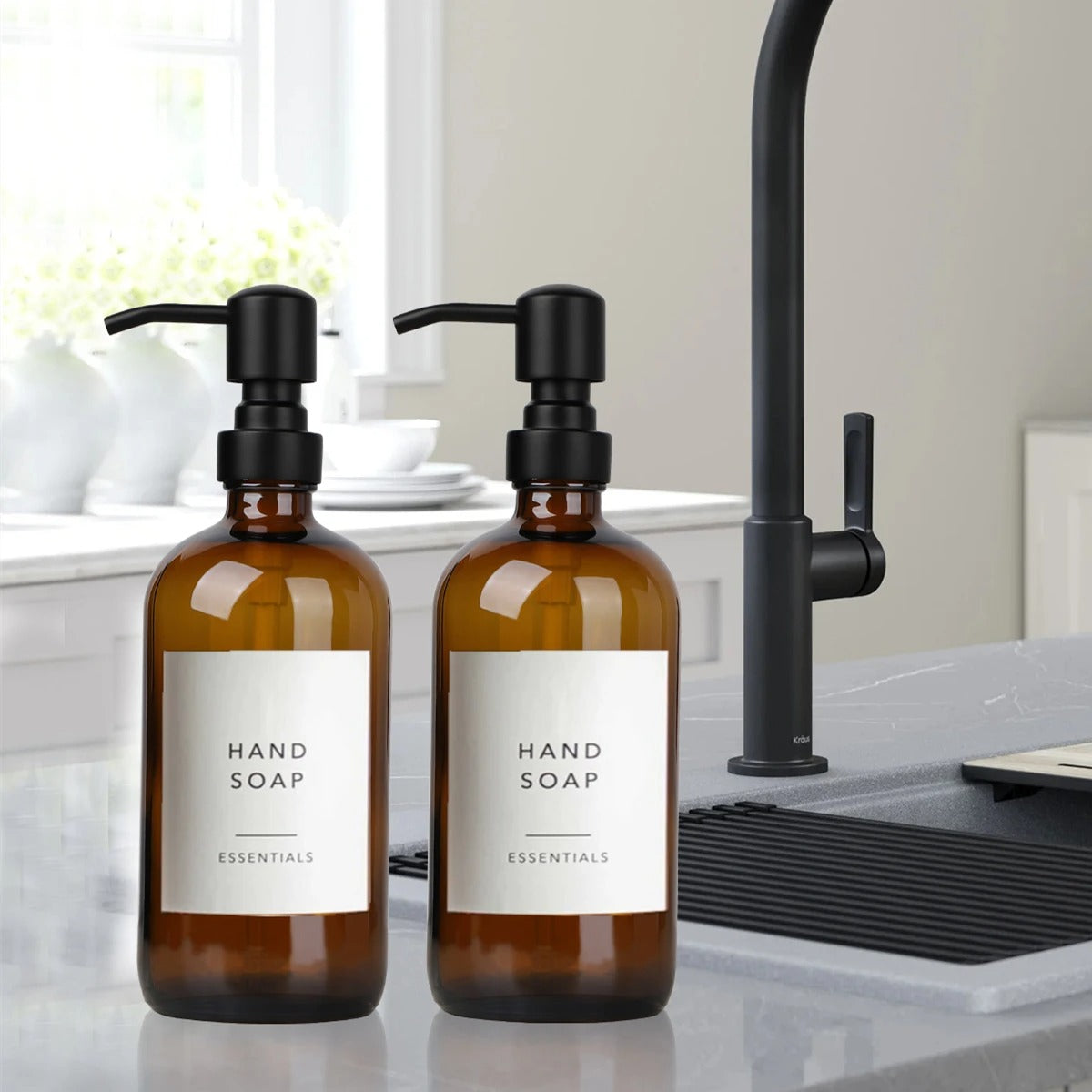 Amber Glass Soap Dispenser Set (2 × 500 ml) – Black/Silver Pump
