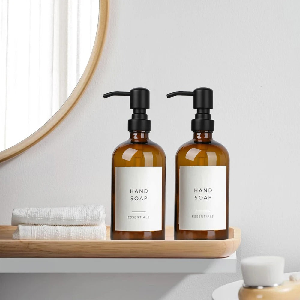 Amber Glass Soap Dispenser Set (2 × 500 ml) – Black/Silver Pump