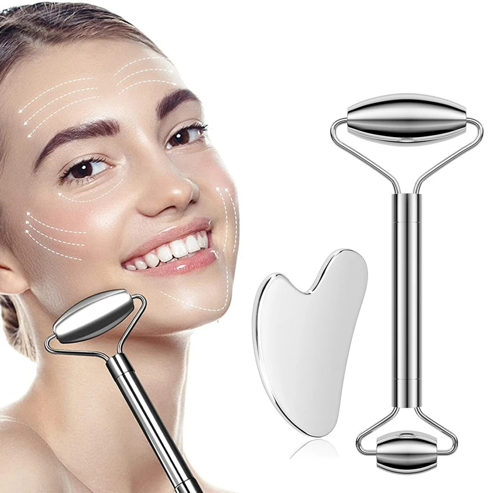 Stainless Steel Facial Roller and Contouring Gua Sha