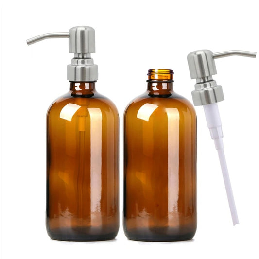 Amber Glass Soap Dispenser Set (2 × 500 ml) – Black/Silver Pump