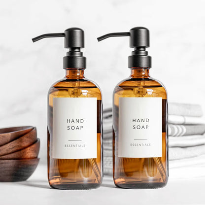 Amber Glass Soap Dispenser Set (2 × 500 ml) – Black/Silver Pump