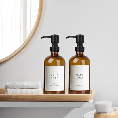 Amber Glass Soap Dispenser Set (2 × 500 ml) – Black/Silver Pump